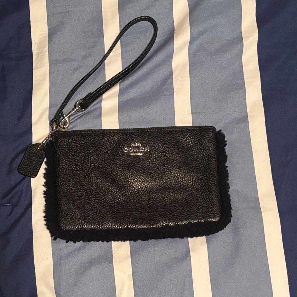 Coach Black Leather Shearling-Trim Wristlet